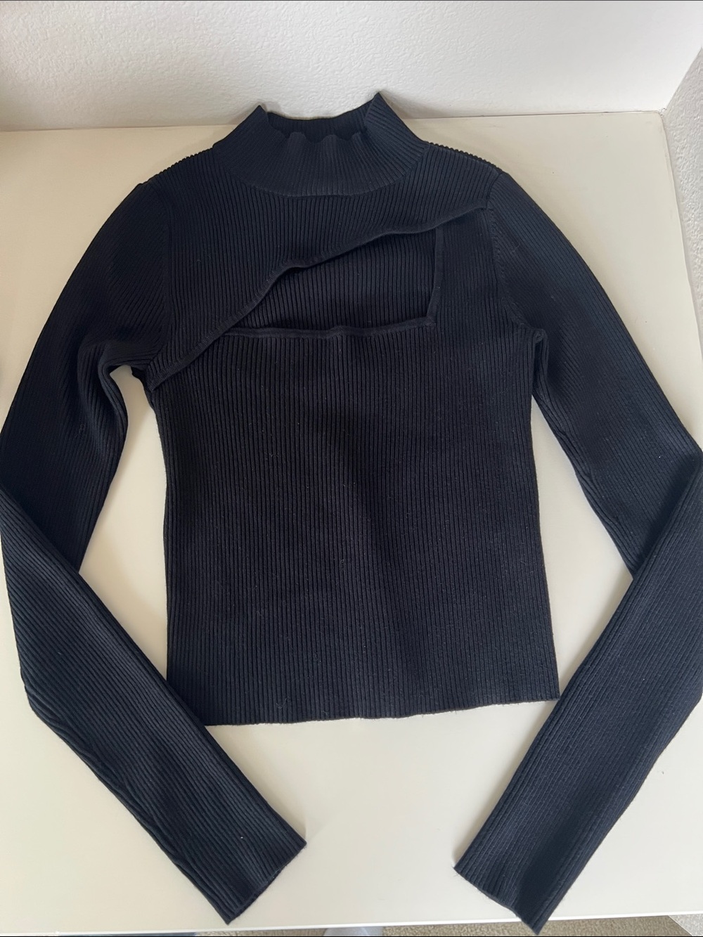 Black Ribbed Cutout Mock Neck Sweater